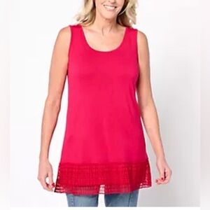 LOGO by Lori Goldstein Vibrant Persian Red Tank Top Lace Hem Women’s Large